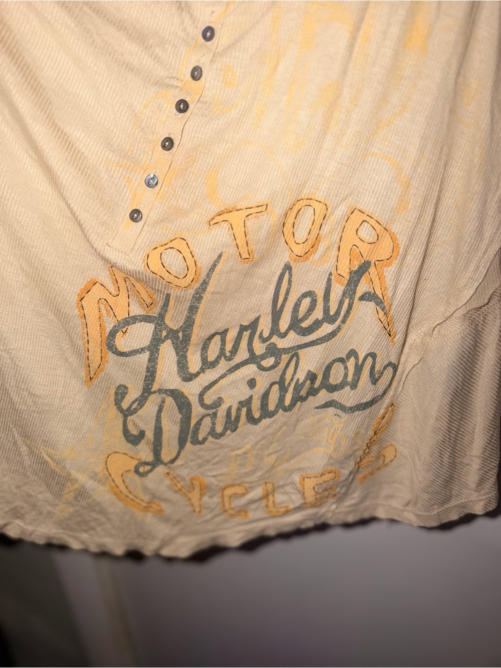 Harley-Davidson Beige Long Sleeve Graphic Henley with Yellow Accents